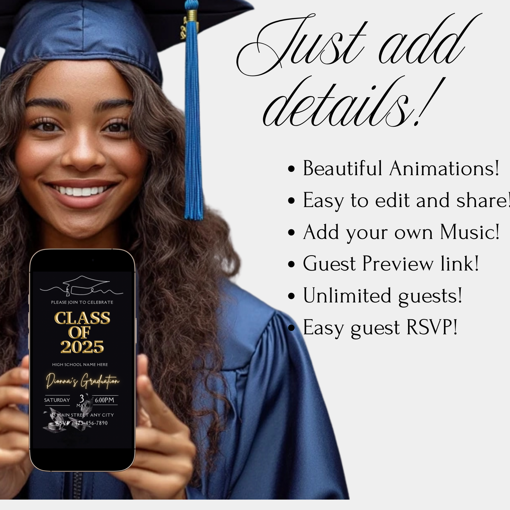 Editable 2025 graduation video invitation in Canva with customizable text, music, and optional photo. Download as MP4 or share link. Mobile-friendly format.
