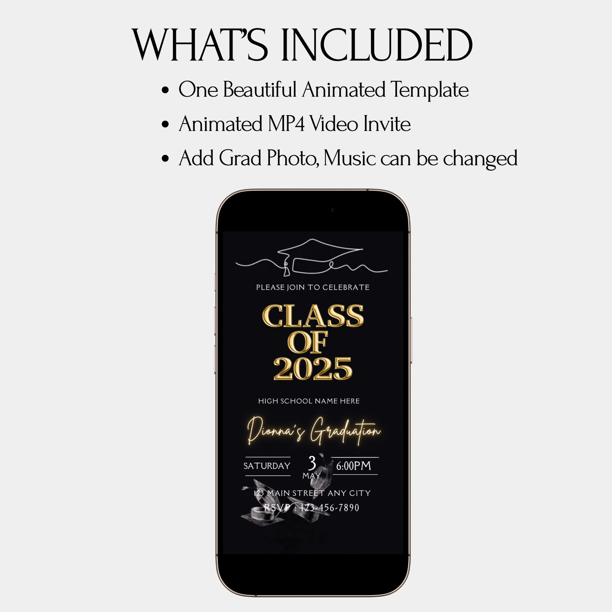 Editable 2025 graduation video invitation in Canva with customizable text, music, and optional photo. Download as MP4 or share link. Mobile-friendly format.
