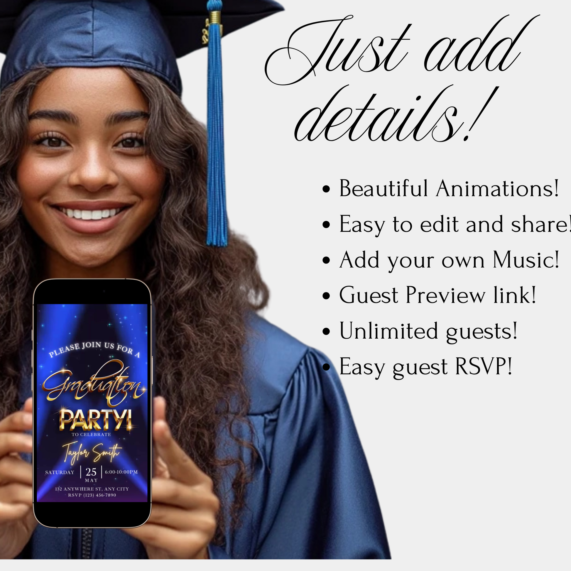 Blue and gold Class of 2025 graduation video invitation with spotlight animation and glowing text