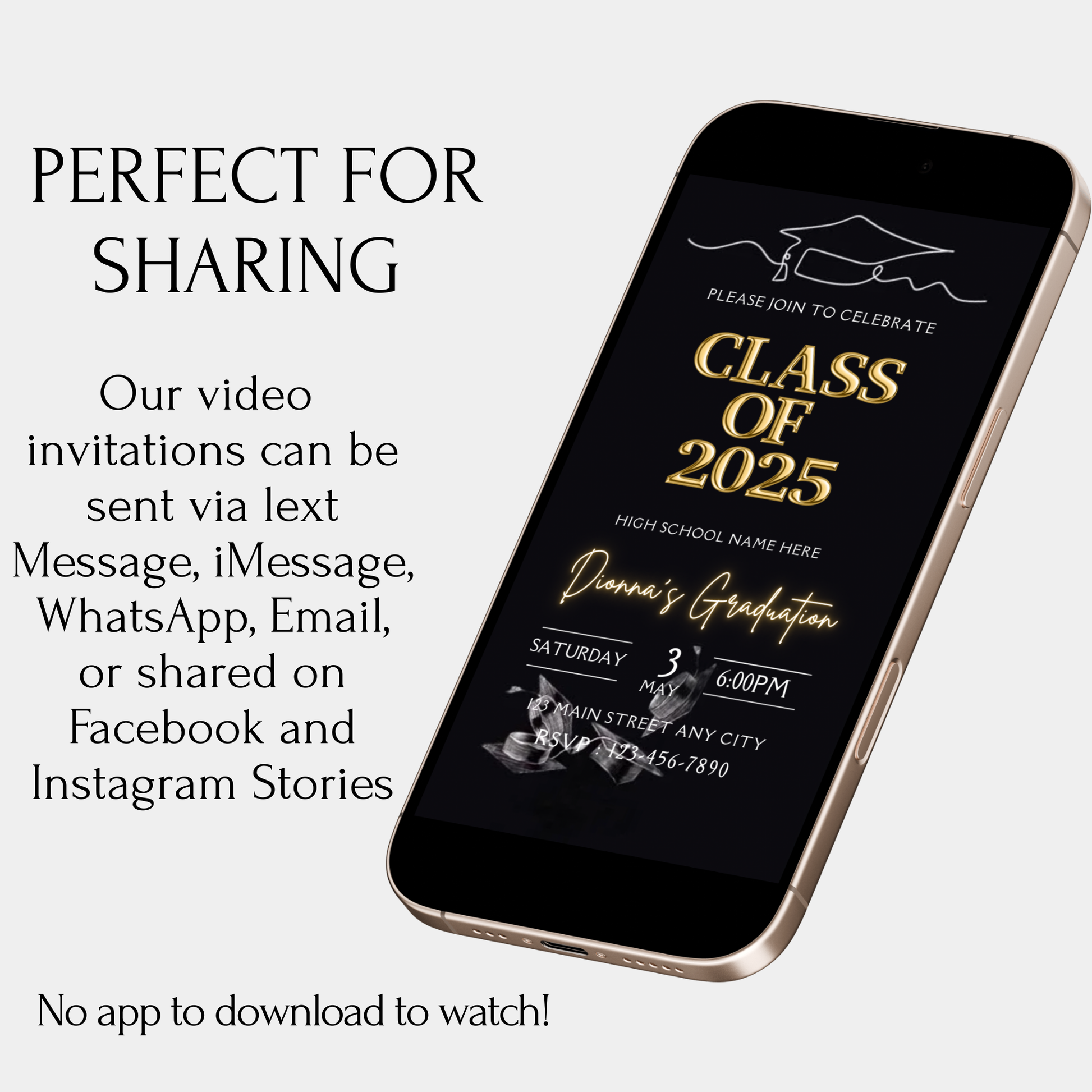 Editable 2025 graduation video invitation in Canva with customizable text, music, and optional photo. Download as MP4 or share link. Mobile-friendly format.

