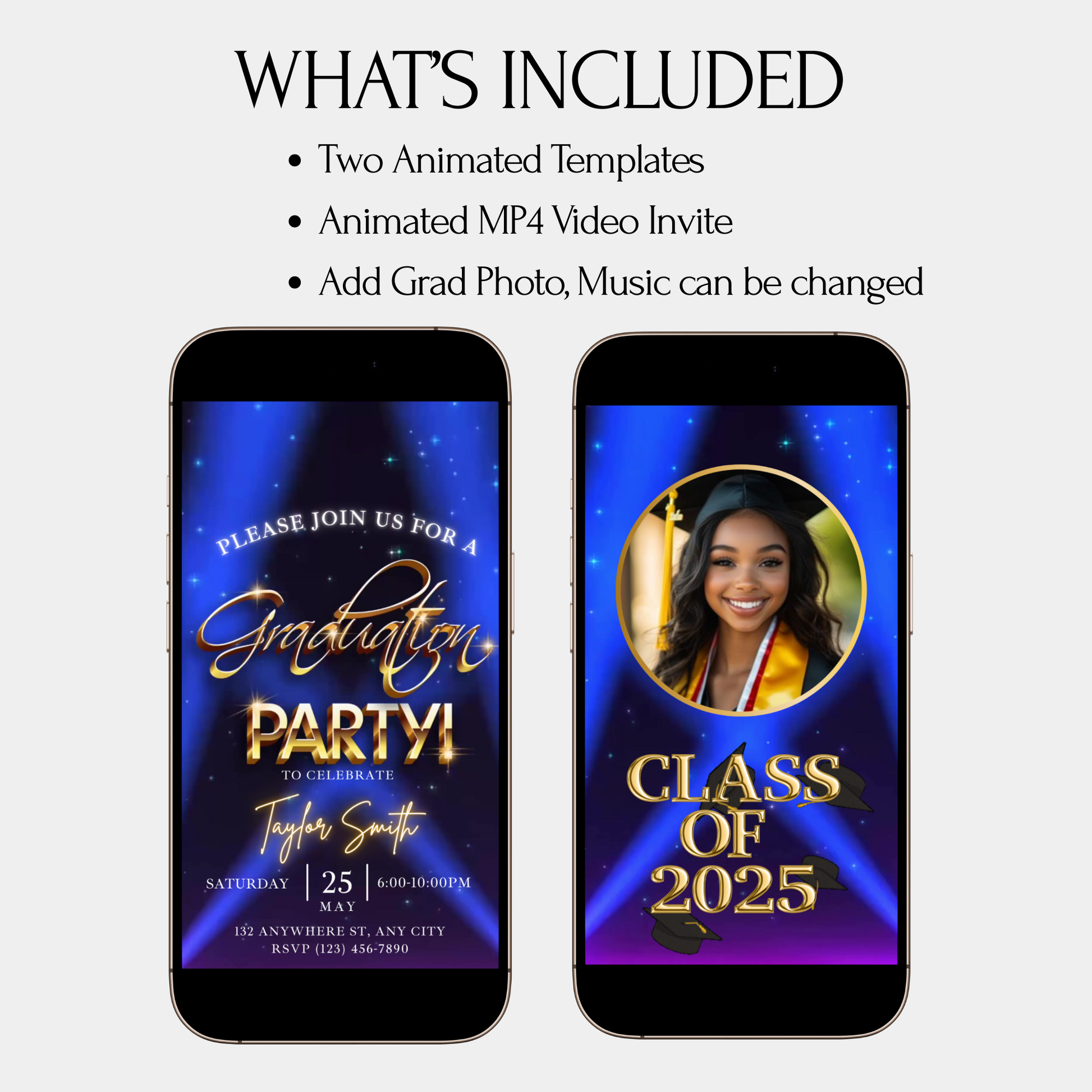 Blue and gold Class of 2025 graduation video invitation
Elegant blue graduation invitation animated in Canva