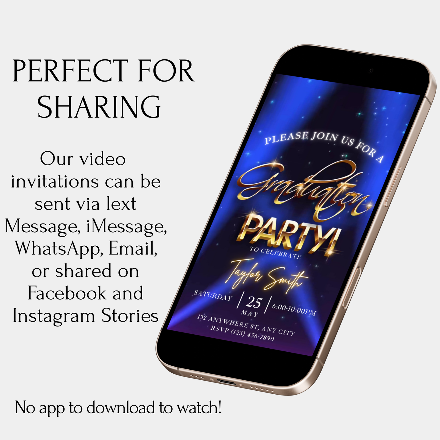 Blue and gold Class of 2025 graduation video invitation with spotlight animation and glowing text
Canva graduation party invite with dramatic blue lighting, editable gold text, and RSVP details. Class of 2025 video invitation template with stage lights, gold party title, and event information.
Elegant blue graduation invitation animated in Canva for digital sharing, featuring gold font and editable fields