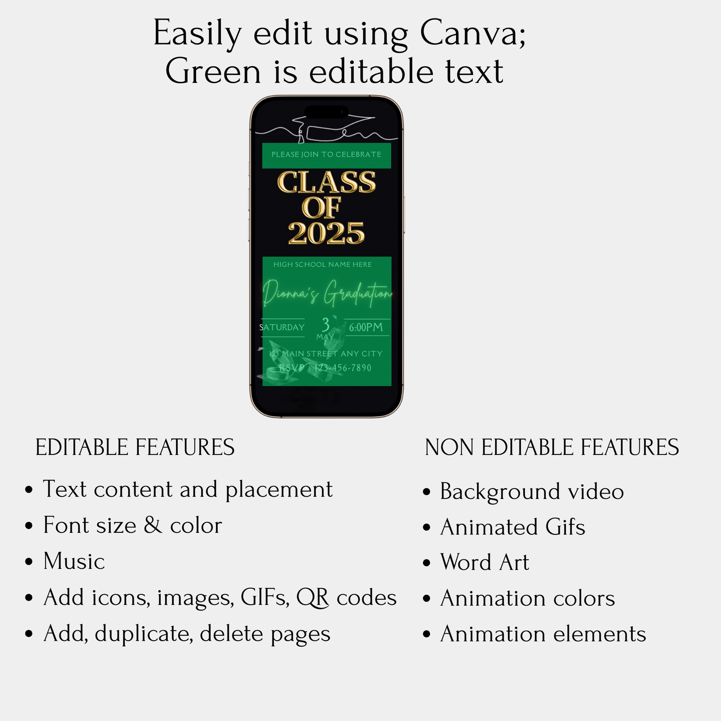 Editable 2025 graduation video invitation in Canva with customizable text, music, and optional photo. Download as MP4 or share link. Mobile-friendly format.
