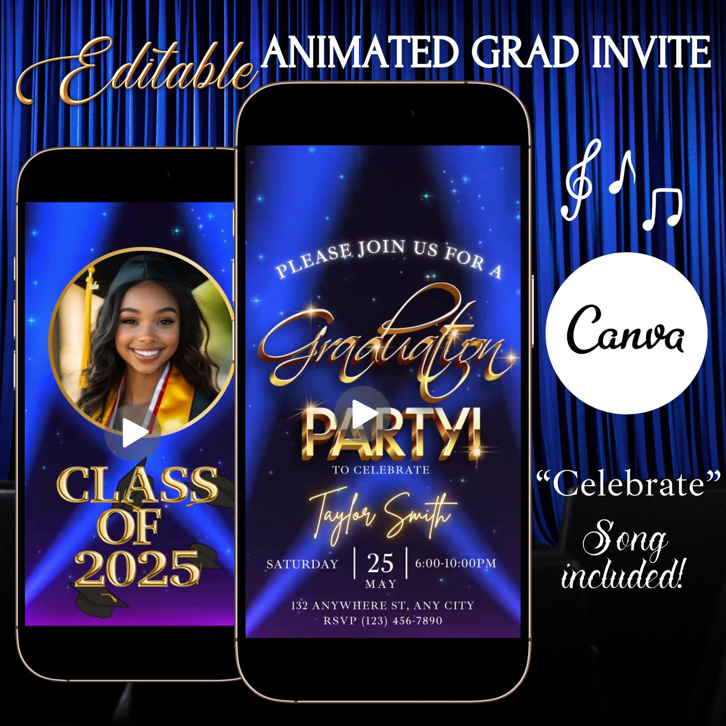 Blue and gold Class of 2025 graduation video invitation with spotlight animation and glowing text
Canva graduation party invite with dramatic blue lighting, editable gold text, and RSVP details. Class of 2025 video invitation template with stage lights, gold party title, and event information.
