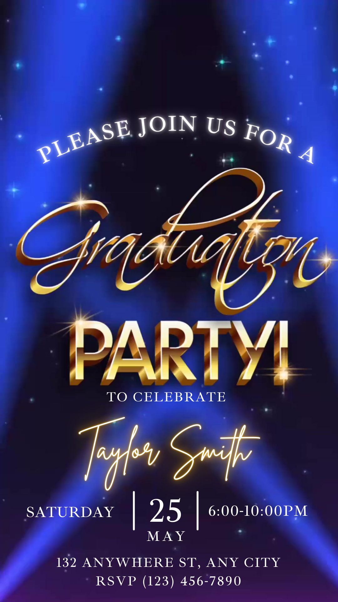 Blue and gold Class of 2025 graduation video invitation with spotlight animation and glowing text
Canva graduation party invite with dramatic blue lighting, editable gold text, and RSVP details. Class of 2025 video invitation template with stage lights, gold party title, and event information.
Elegant blue graduation invitation animated in Canva for digital sharing, featuring gold font and editable fields