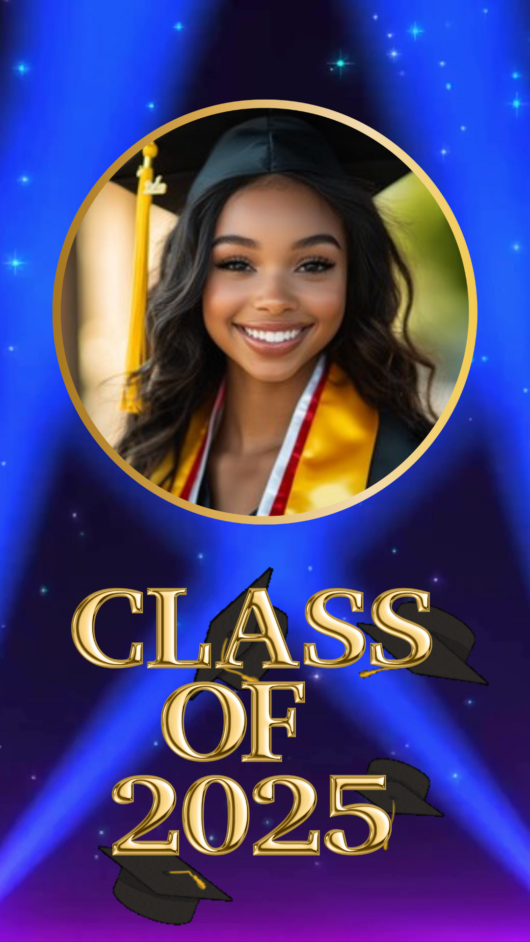 Canva graduation party invite with dramatic blue lighting, editable gold text, and RSVP details. Class of 2025 video invitation template with stage lights, gold party title, and event information.