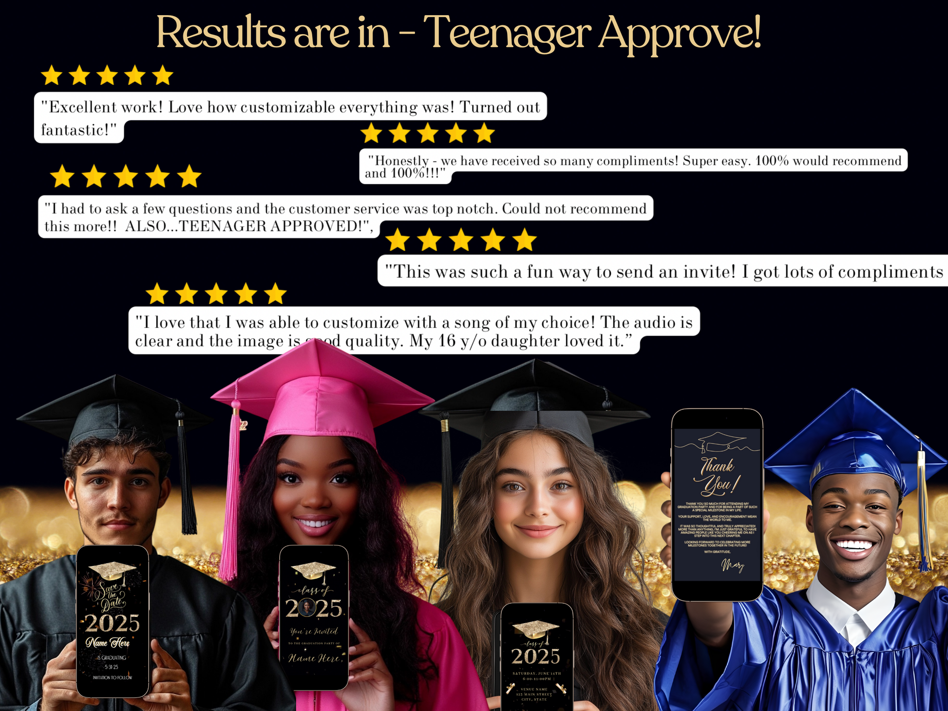 Editable Gold & Black Graduation Video Invitation, Class of 2025 Canva Template with Music, Instant Download DIY Invite