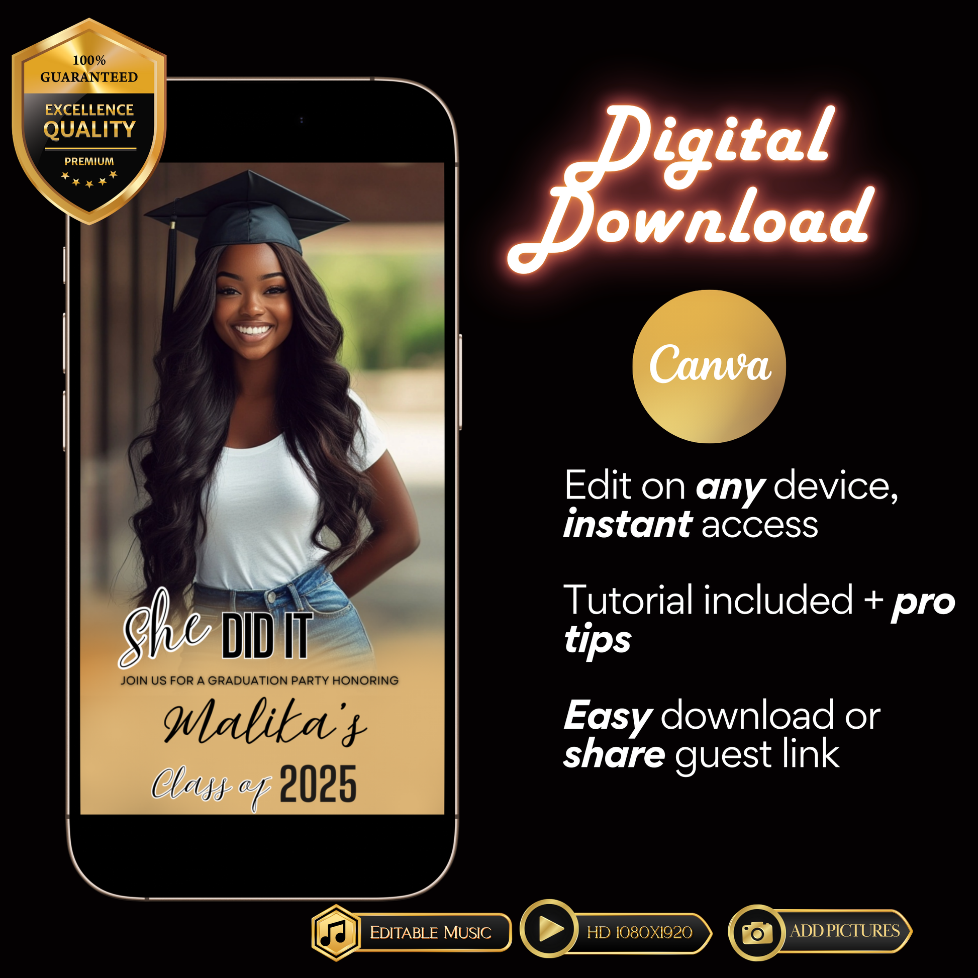 Editable Gold & Black Graduation Video Invitation, Class of 2025 Canva Template with Music, Instant Download DIY Invite