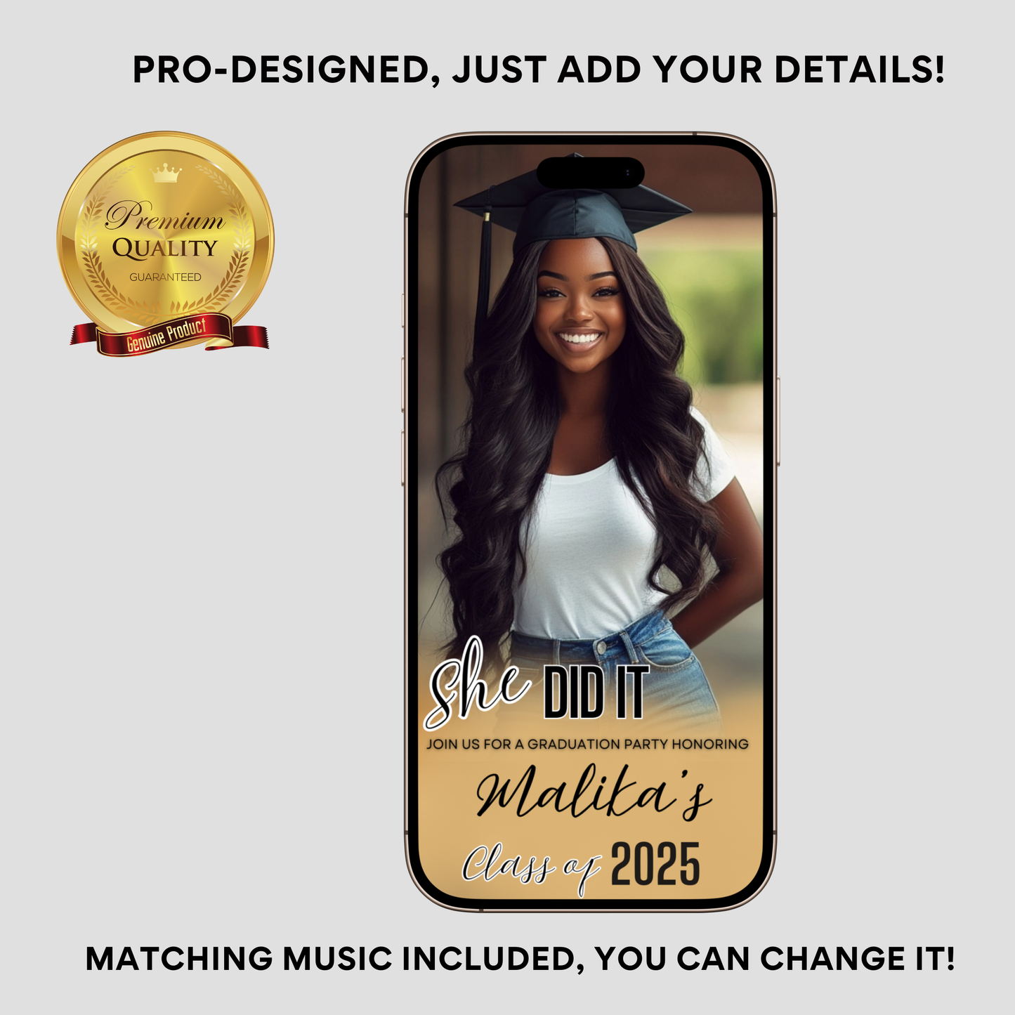 Editable Gold & Black Graduation Video Invitation, Class of 2025 Canva Template with Music, Instant Download DIY Invite