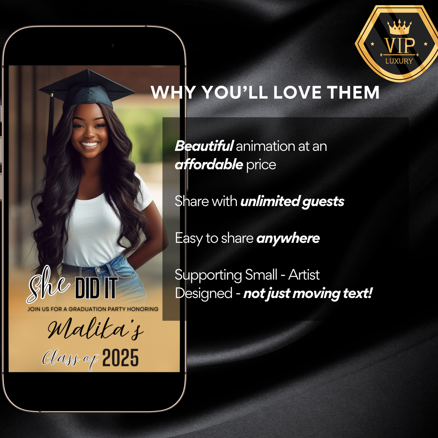 Editable Gold & Black Graduation Video Invitation, Class of 2025 Canva Template with Music, Instant Download DIY Invite