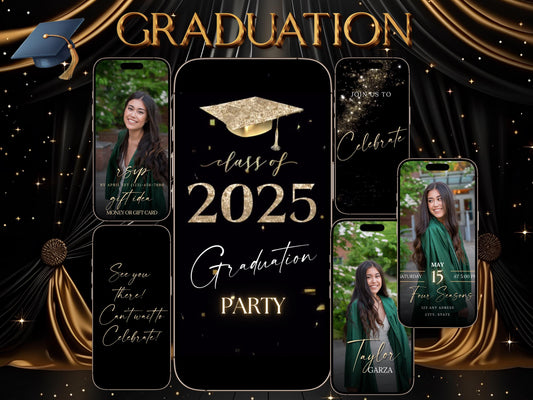 Class of 2025 graduation invite editable video template animated announcement digital evite photo invitation gold instant download canva