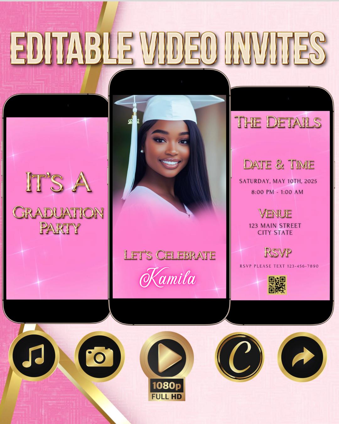 Class of 2025 graduation invite editable video template animated announcement digital evite photo invitation Pink Canva instant download