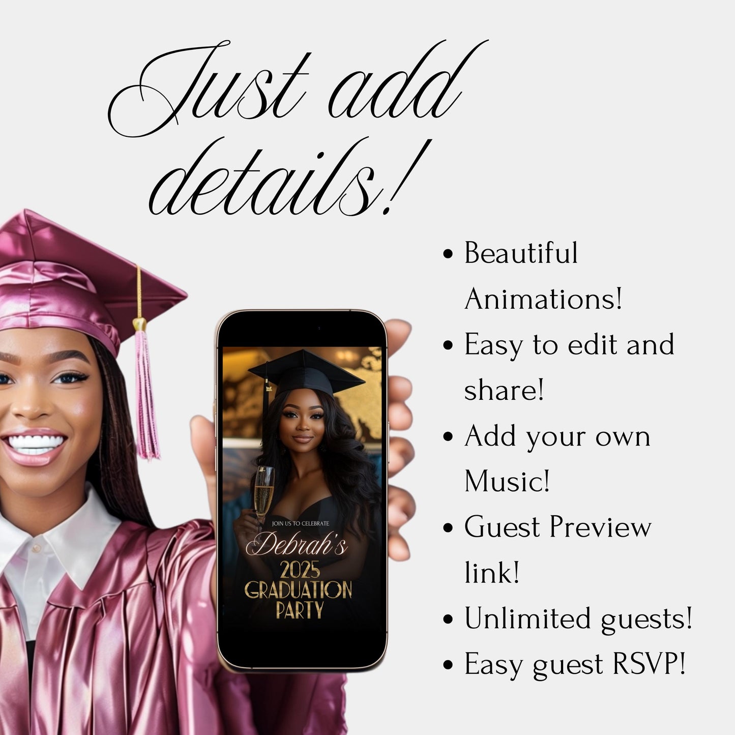 Gold Graduation Party Video Invitation Photo Template 2025 Grad Canva Evite Template Graduation Animated Editable Invite and Announcement