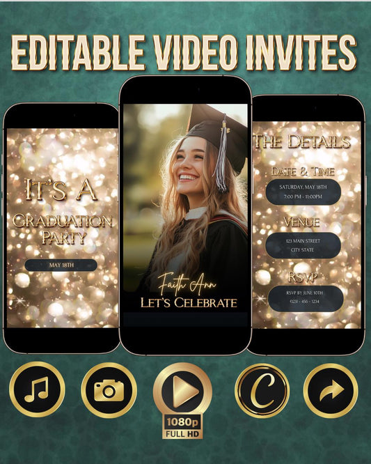 Gold bokeh graduation video invitation editable canva template with photo and music mp4 evite digital class of 2025 party for her invite