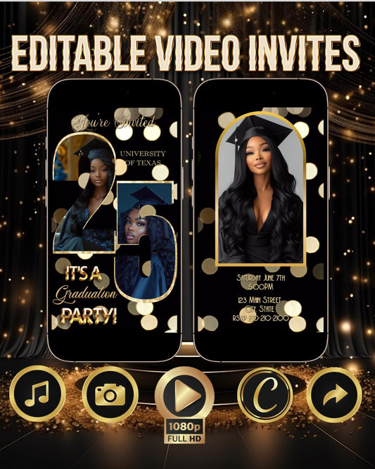 Gold graduation video invitation editable canva template with photo and music mp4 animated evite digital class of 2025 party for her invite
