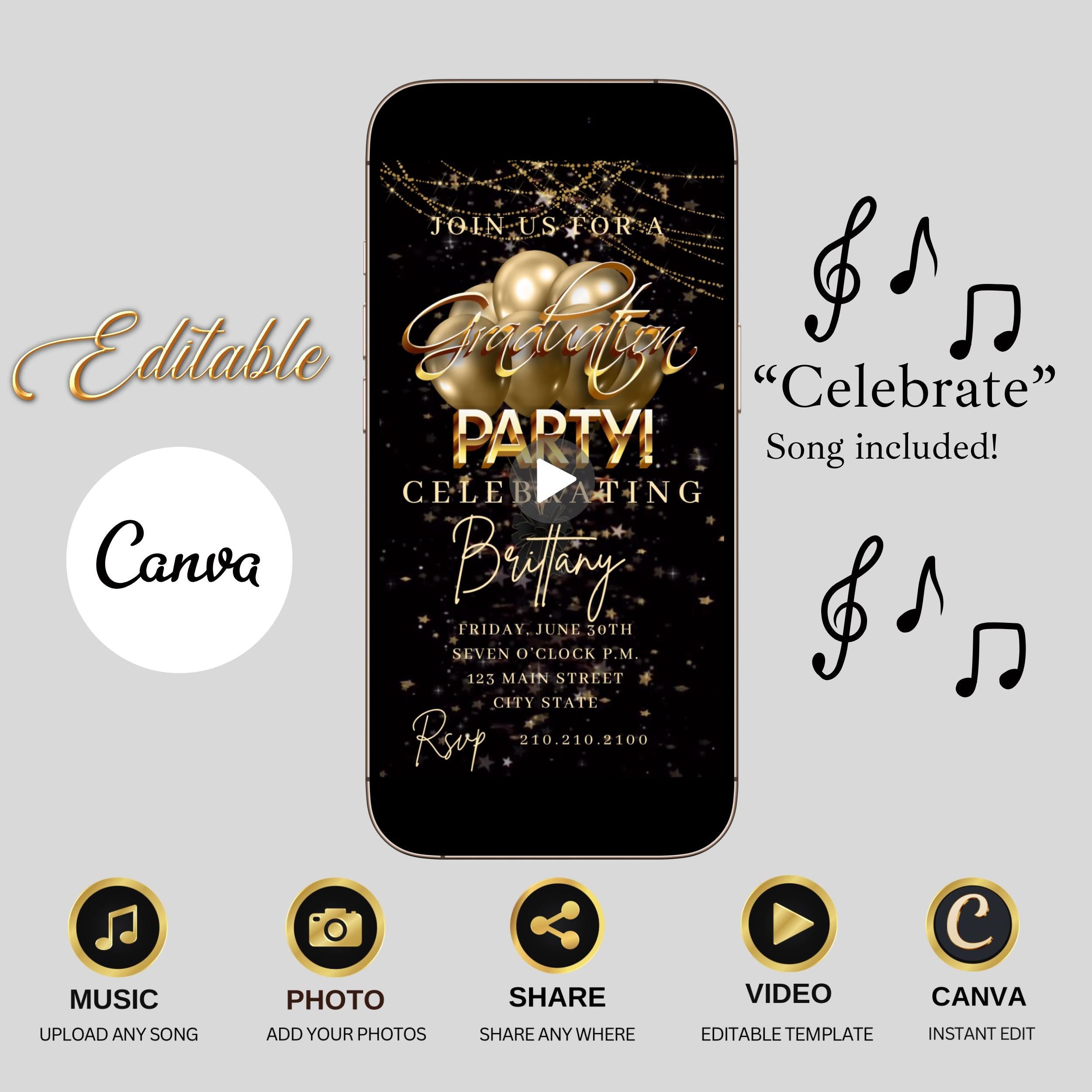 Graduation Party Video Invitation with Gold Balloons with music grad evite Canva animated template Class of 2025 instant download