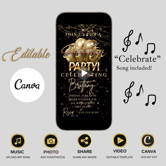 Graduation Party Video Invitation with Gold Balloons with music grad evite Canva animated template Class of 2025 instant download