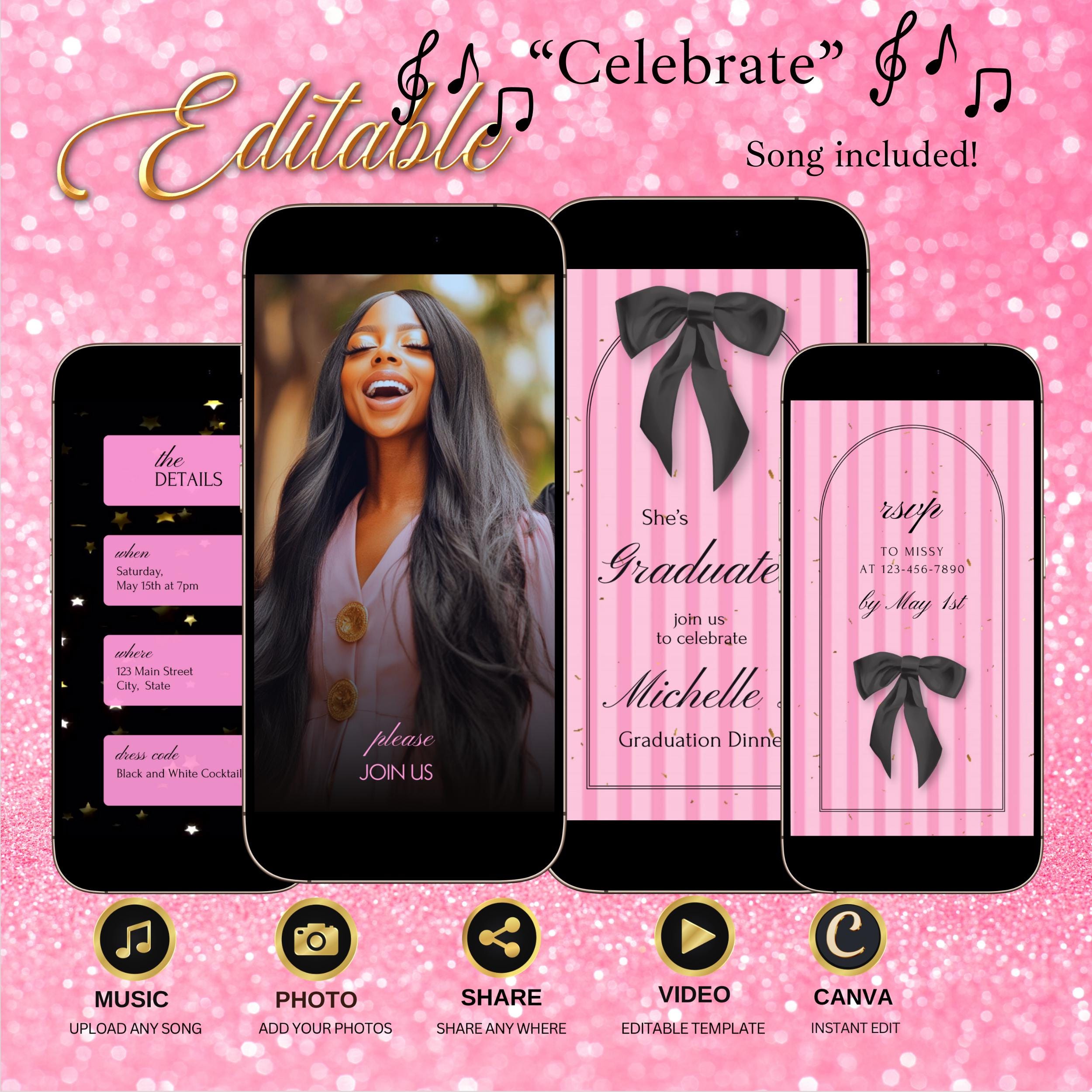 Pink graduation video invite coquette bow video template editable canva class of 2025 evite with photo music mp4 girly grad party card
