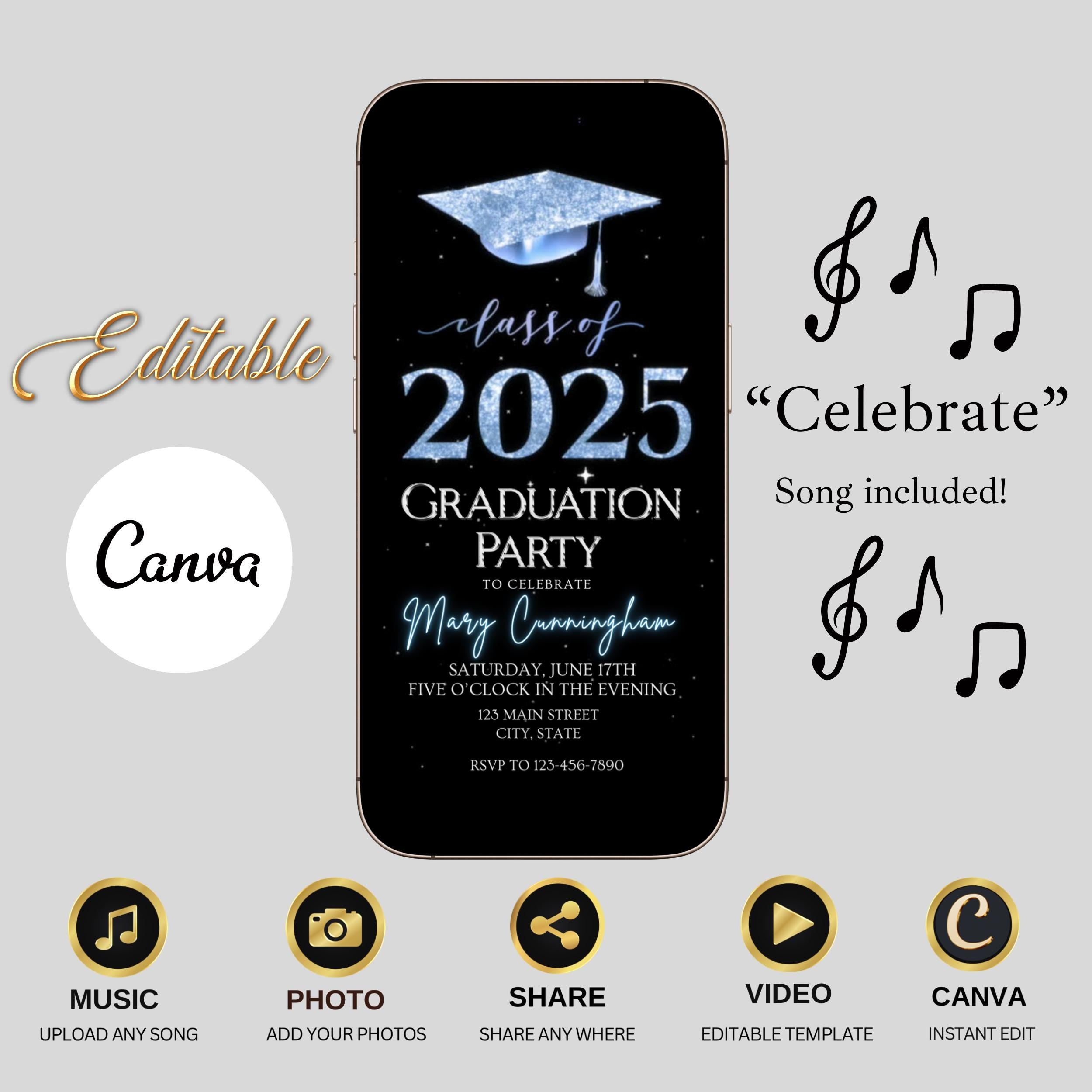 Graduation Video Invite Template Animated Invitation Instant Download Digital Phone Invitation Canva Text Message Grad Party Blue Glitter