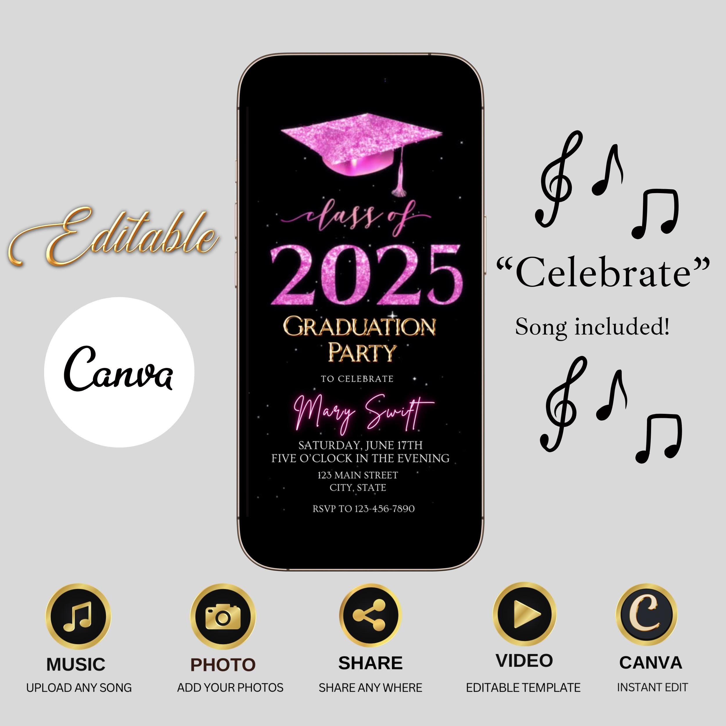 Graduation Video Invite Template Pink Animated Invitation Instant Download Digital Phone Invitation Canva Text Message Grad Party Glitter