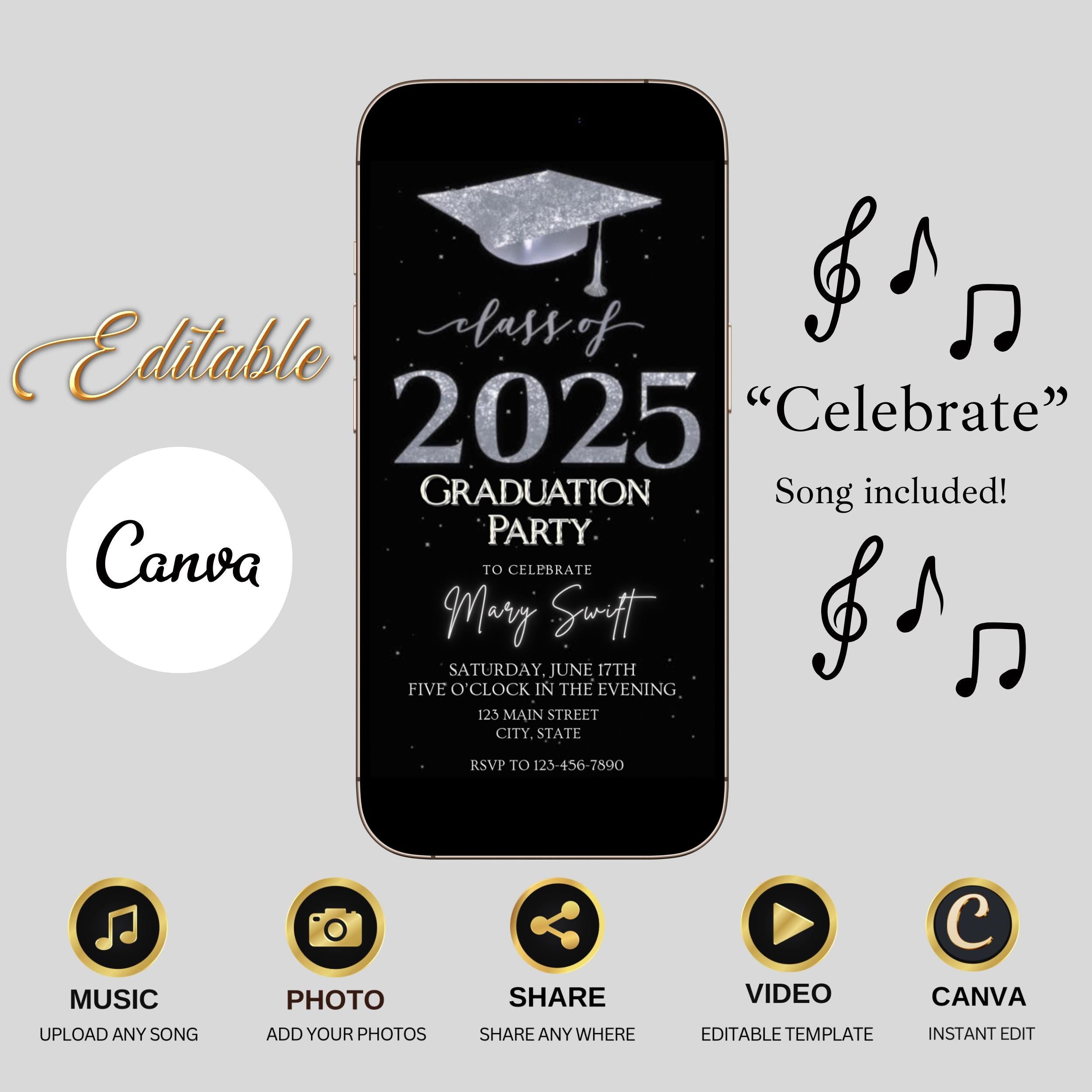 Graduation Video Invite Editable Template Animated Evite Digital invitation Canva Silver Glitter Text Message Class of 2025 Instant Download