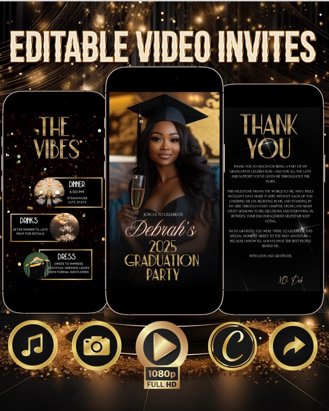 Gold Graduation Party Video Invitation Photo Template 2025 Grad Canva Evite Template Graduation Animated Editable Invite and Announcement