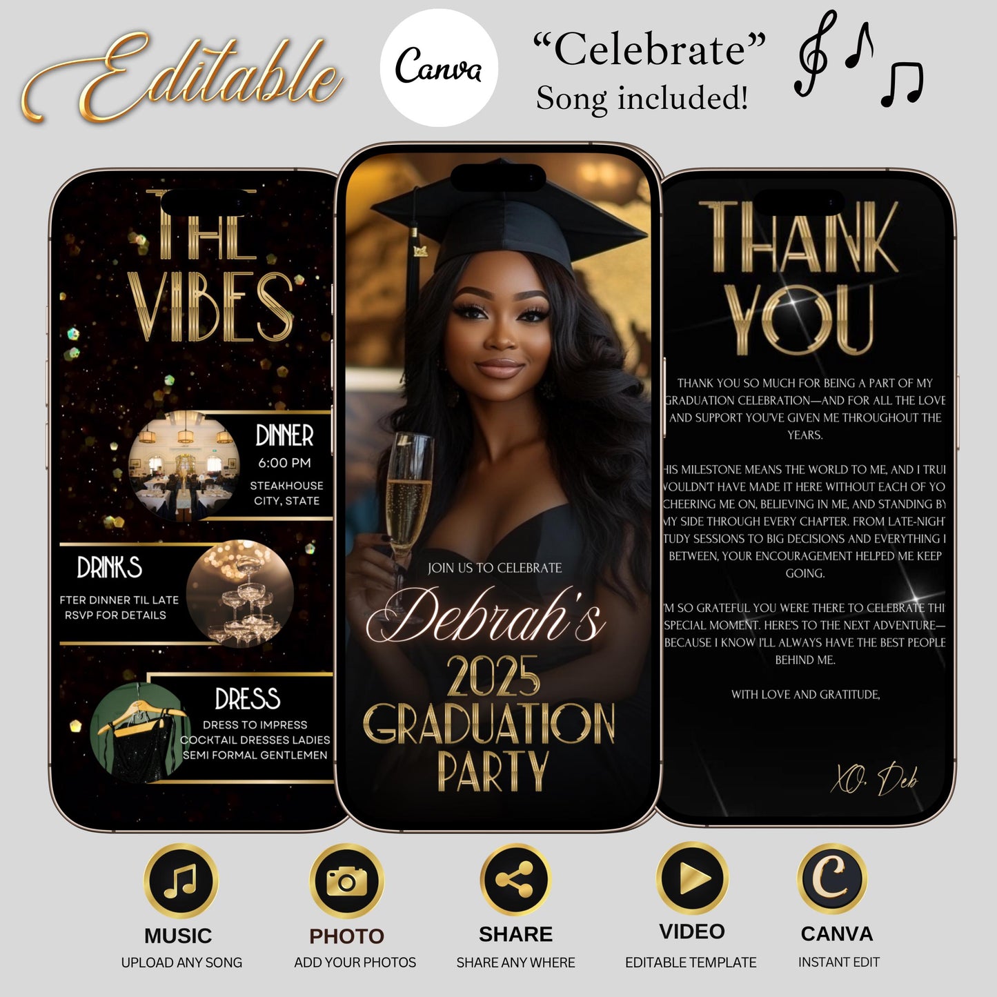 Gold Graduation Party Video Invitation Photo Template 2025 Grad Canva Evite Template Graduation Animated Editable Invite and Announcement