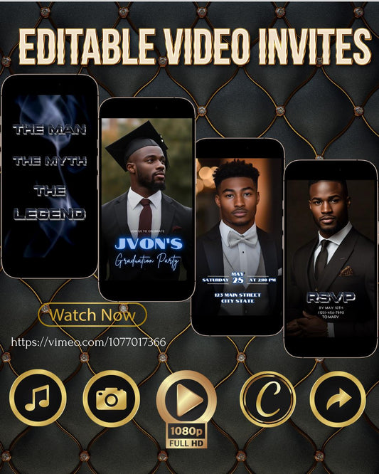 Editable graduation video invite the man the myth the legend evite with photo canva template text grad party for him digital download music