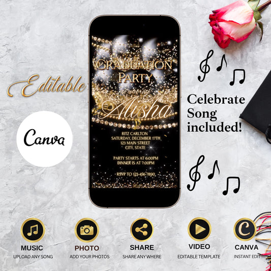 Gold balloons graduation video invitation editable canva template with photo music mp4 evite digital class of 2025 grad party animated evite