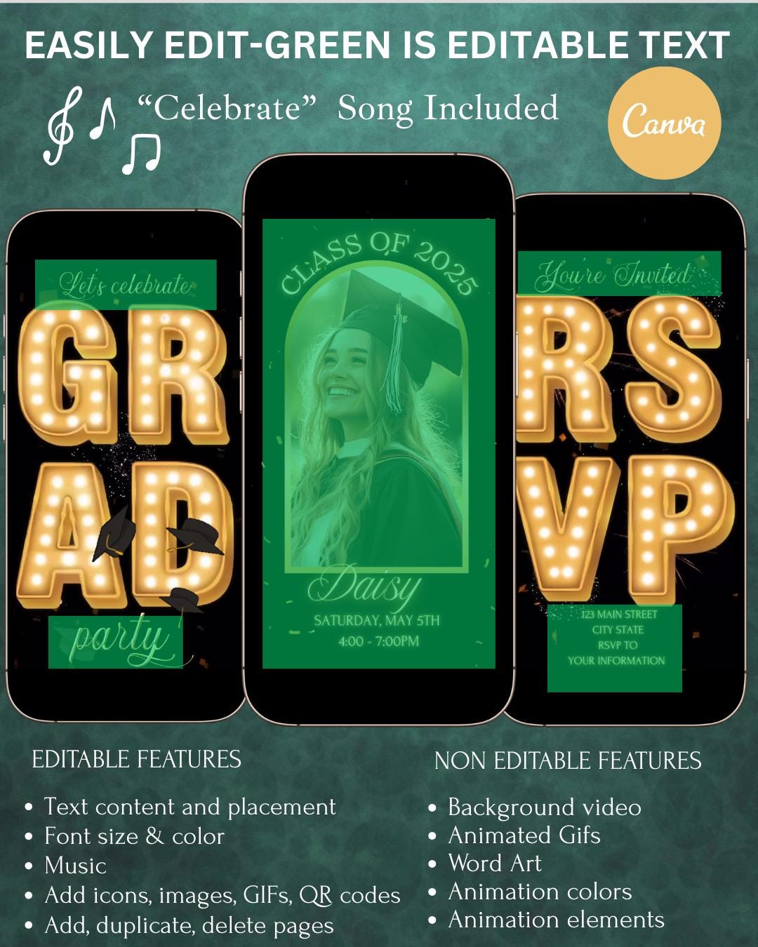 Gold graduation party video invitation editable canva template class of 2025 marquee evite with photo music Digital mp4 grad for her or him
