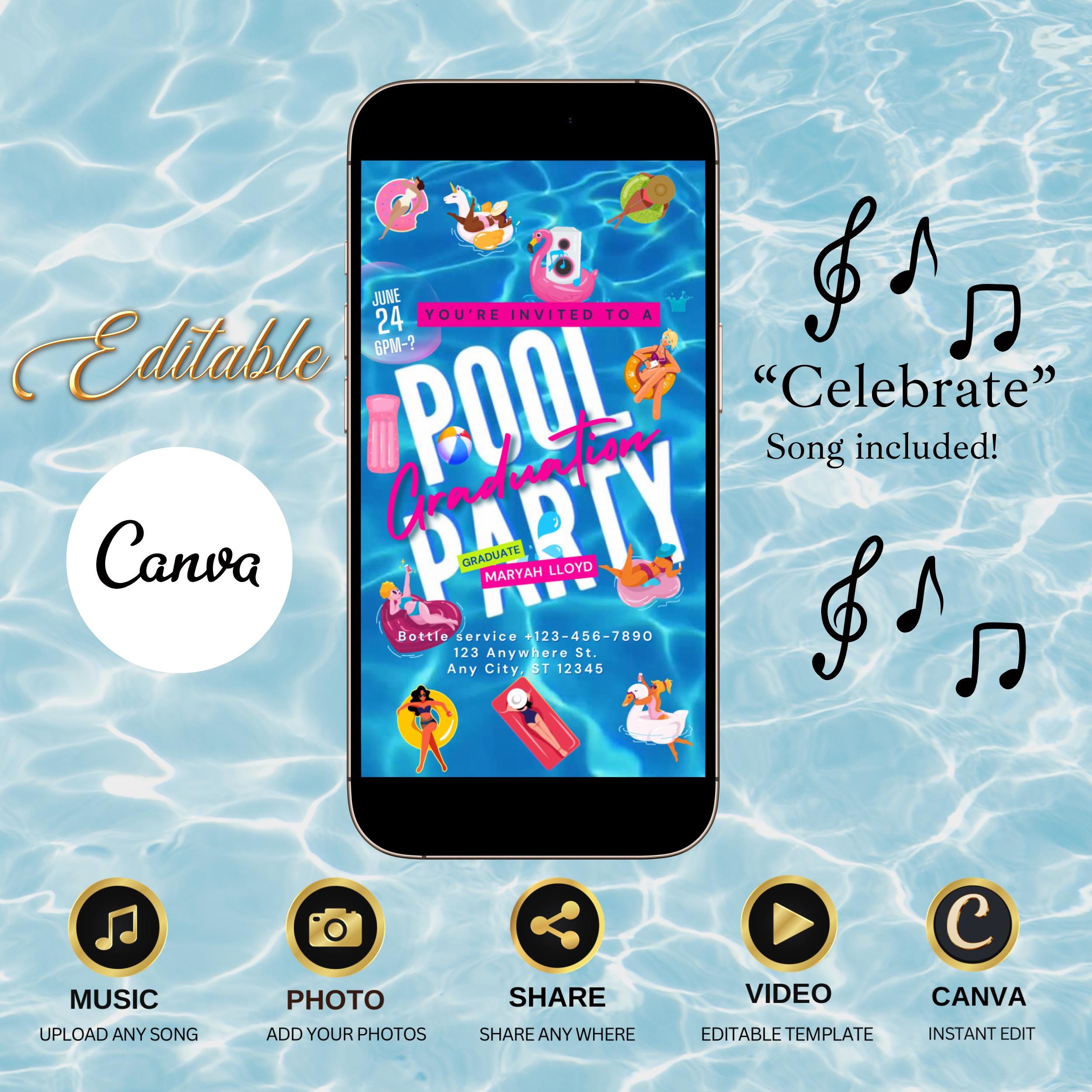 Graduation pool party video invite editable canva template with photo music mp4 digital grad evite class of 2025 summer celebration