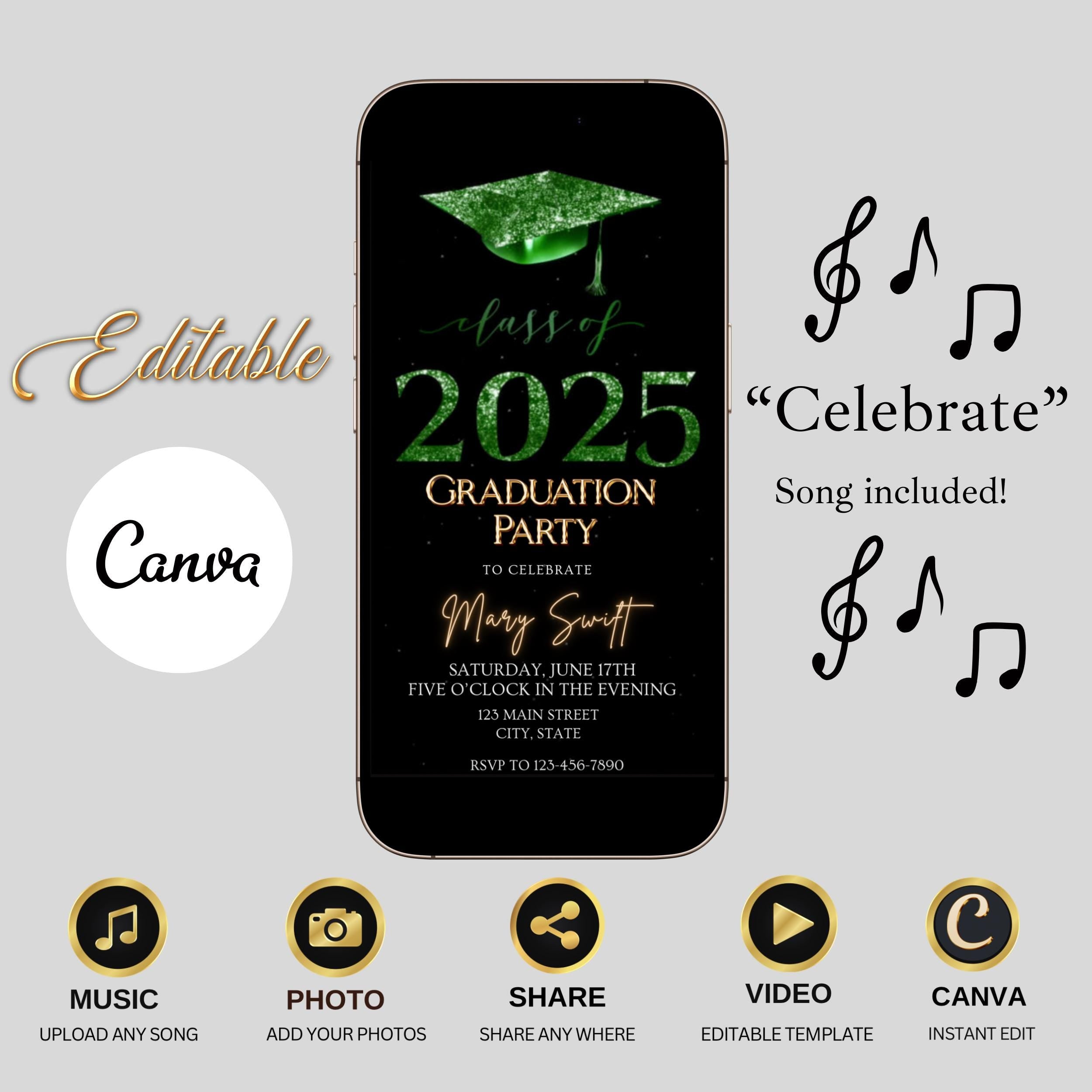 Graduation Video Invite Template Green Animated Invitation Instant Download Digital Phone Invitation Canva Text Message Grad Party Glitter