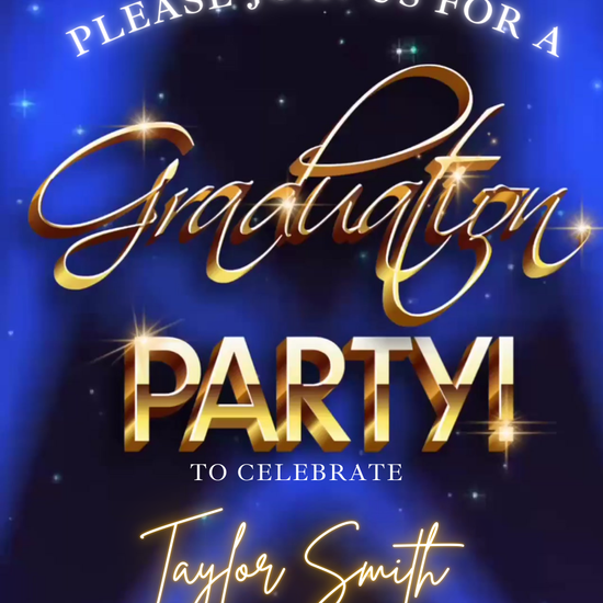 Blue and gold Class of 2025 graduation video invitation with spotlight animation and glowing text
Canva graduation party invite with dramatic blue lighting, editable gold text, and RSVP details. Class of 2025 video invitation template with stage lights, gold party title, and event information.
Elegant blue graduation invitation animated in Canva for digital sharing, featuring gold font and editable fields